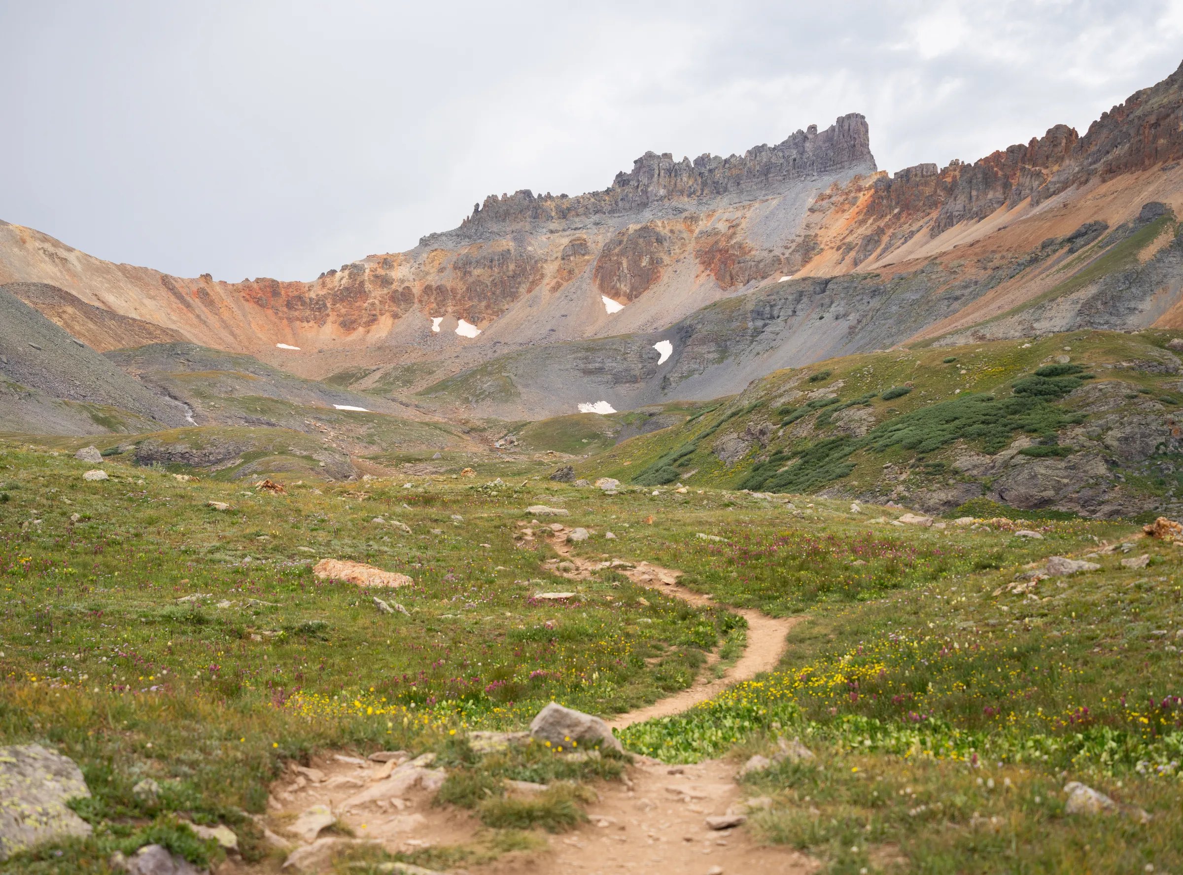 A dirt trail crossing an alpine meadow beneath a rust-colored San Juan peak